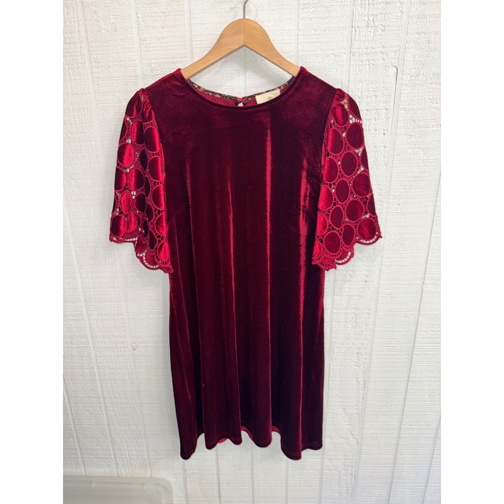 Umgee Shift Dress Womens Burgundy Velvet Crochet Lace Short Sleeve NWT S